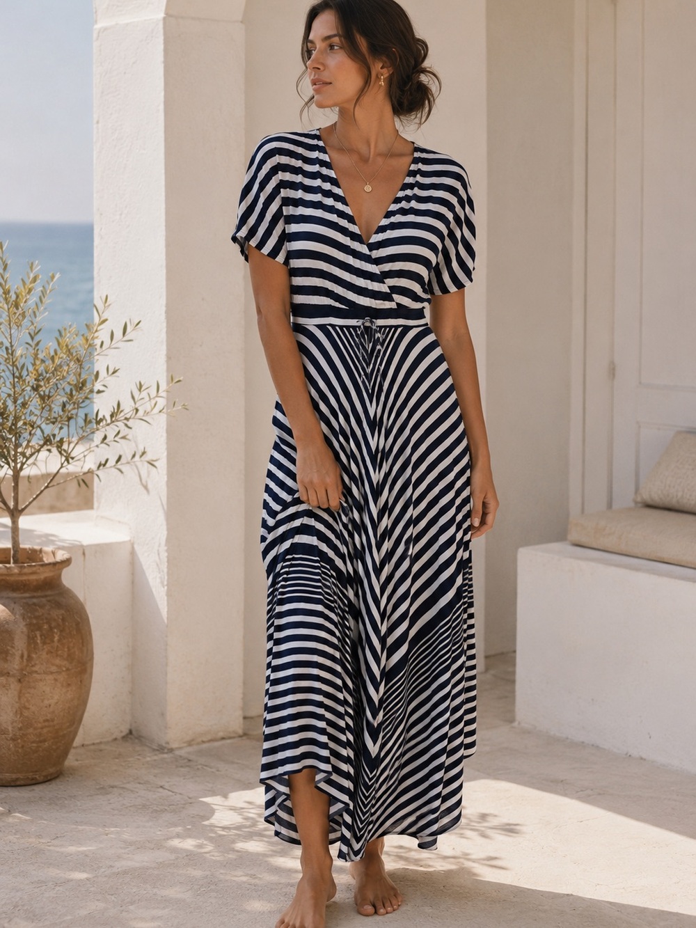 Banana Republic Modal Striped Maxi Dress Navy White Medium Casual Resort Comfy